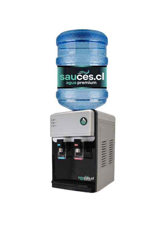 Dispensador de sobremesa TB-07 gris con botellón Sauces.cl instalado