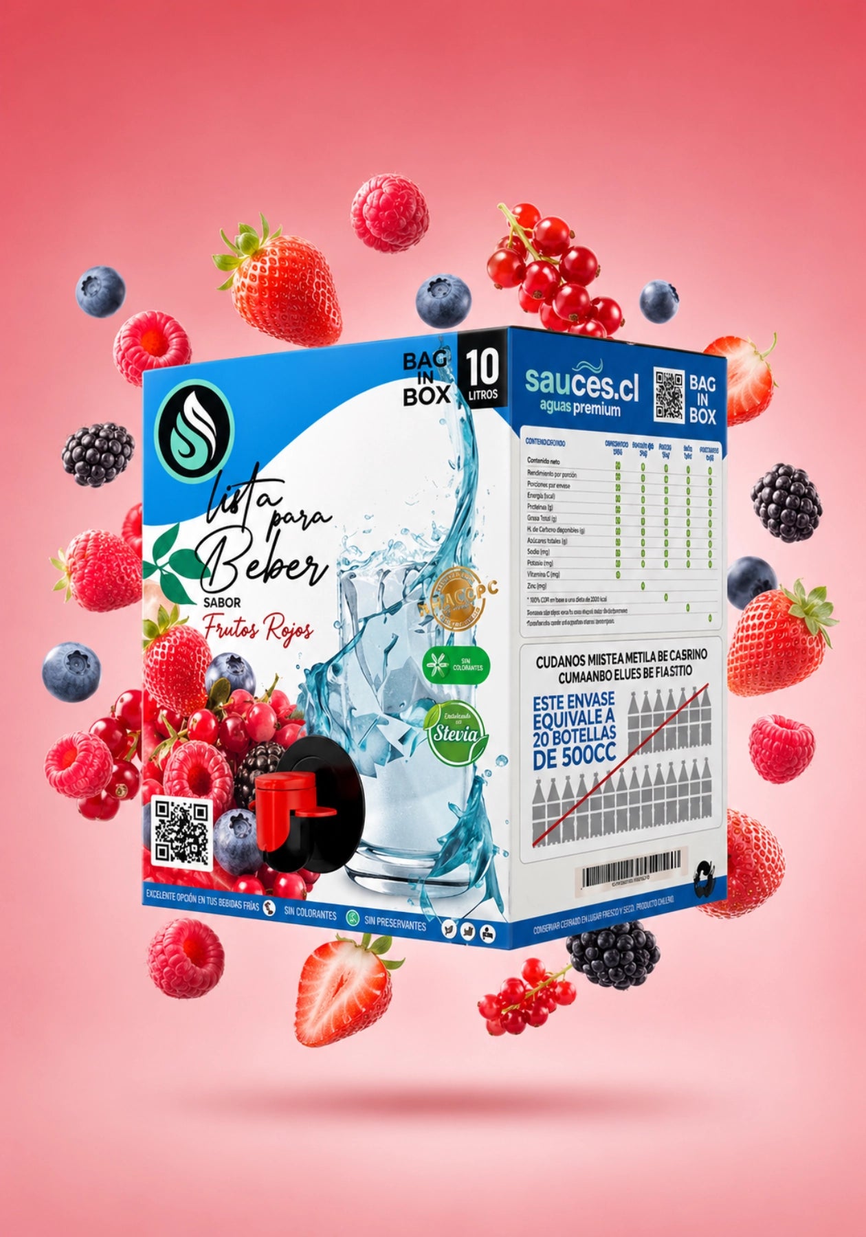Agua saborizada Frutos Rojos Sauces Hydra-Boost en formato Bag in Box 10 litros