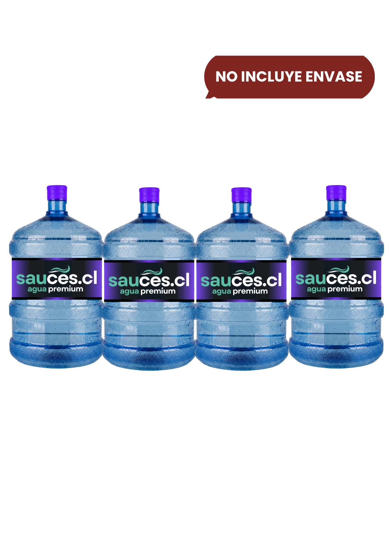 Cuatro bidones de agua alcalina de 20 litros de Sauces para servicio de recarga a domicilio en Santiago