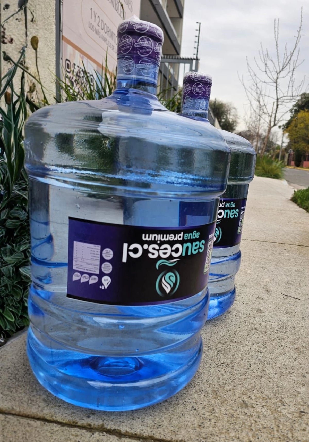 Bidones Sauces.cl de agua alcalina 20 litros con etiqueta morada, en primer plano