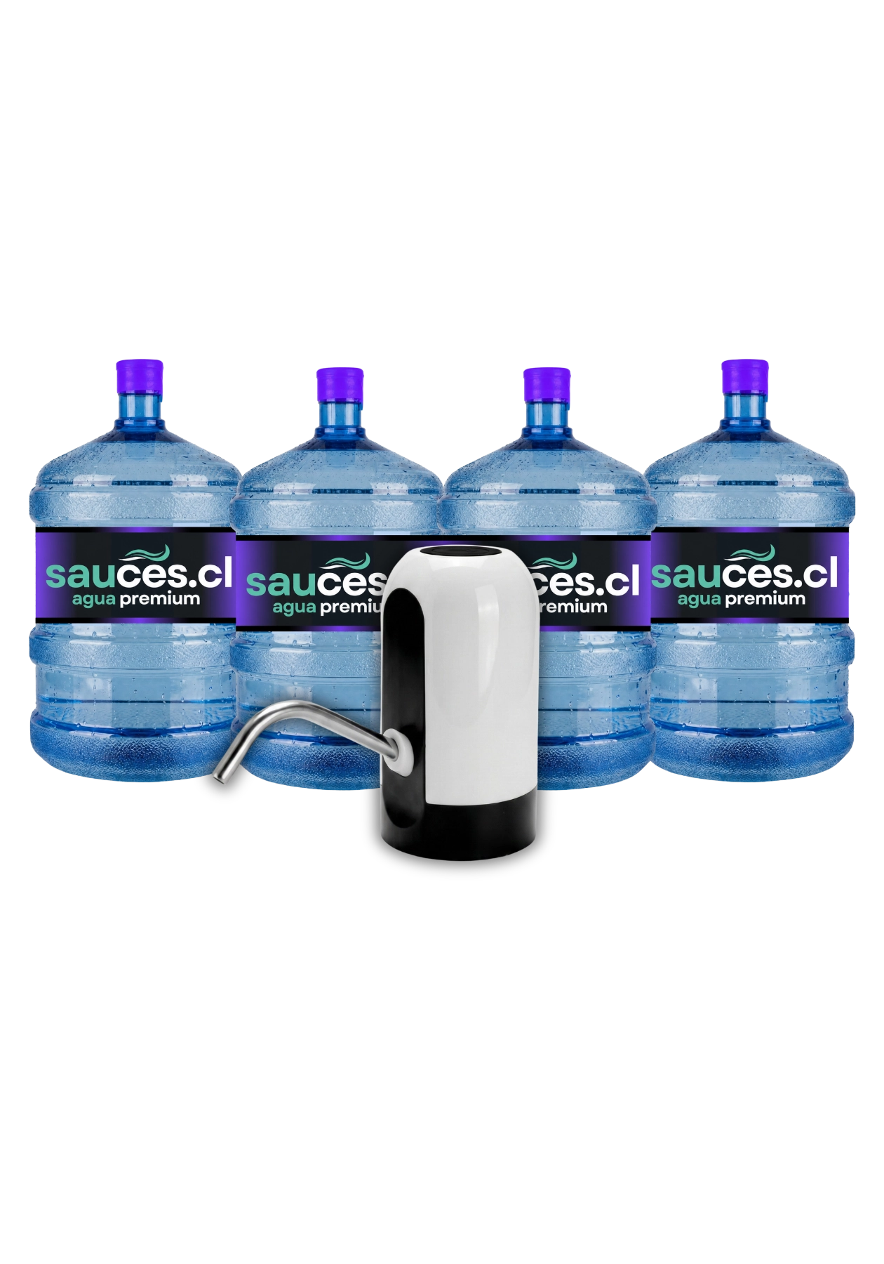 Dispensador USB eléctrico junto a cuatro bidones de agua alcalina de 20 litros de Sauces