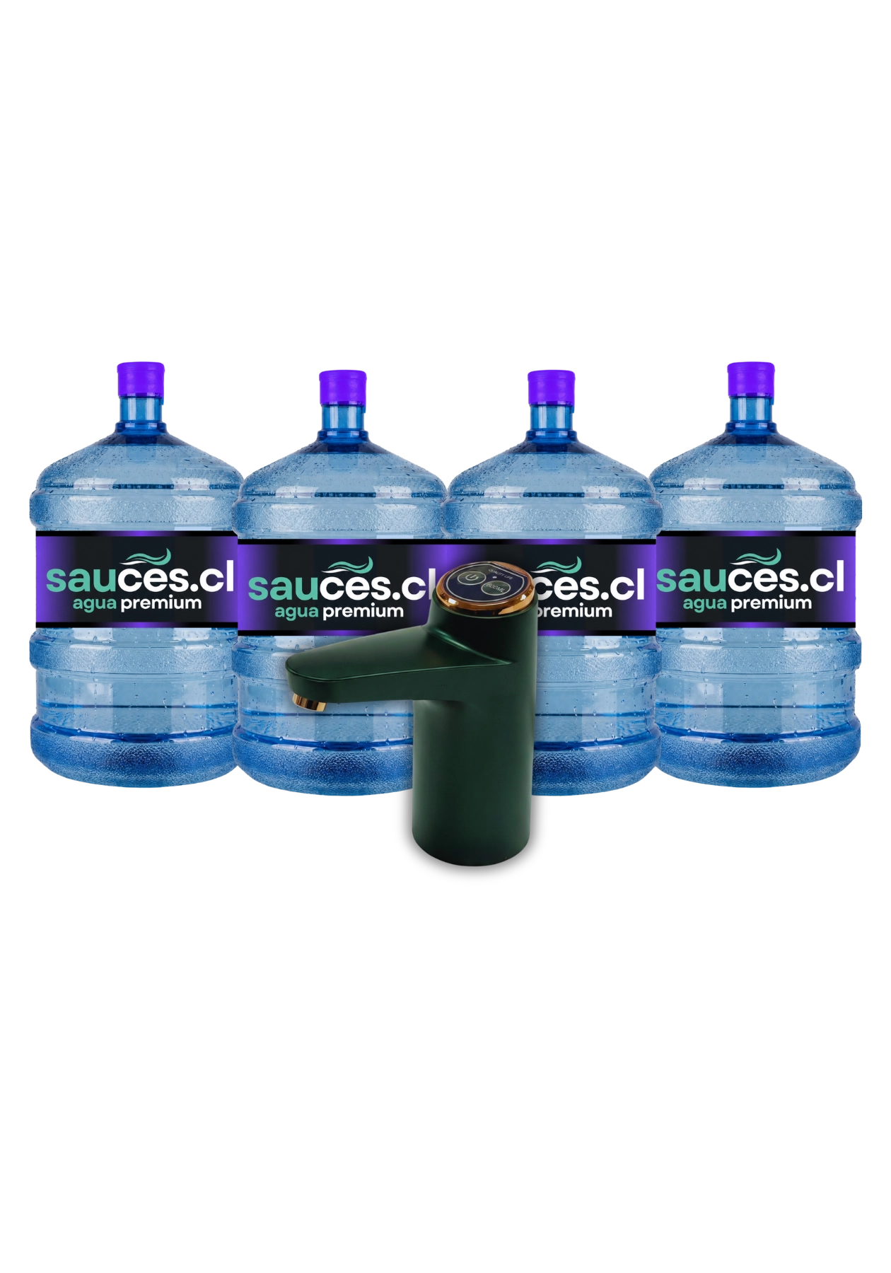 Dispensador USB PRO eléctrico junto a cuatro bidones de agua alcalina de 20 litros de Sauces