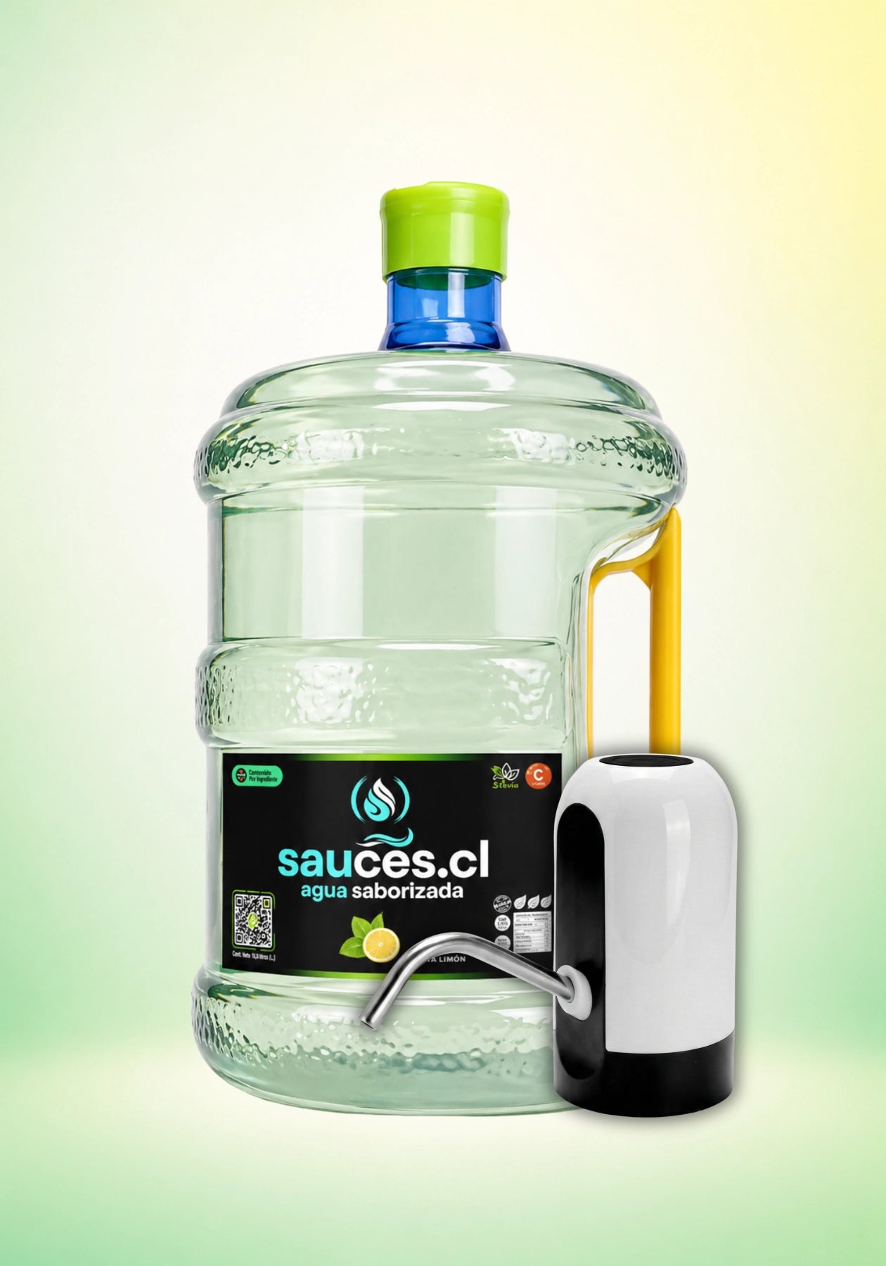 Pack de Sauces.cl que incluye 1 bidón de 10 litros de agua saborizada sabor menta limón con un dispensador eléctrico USB instalado. Bebida premium con prebióticos, vitamina C y stevia.