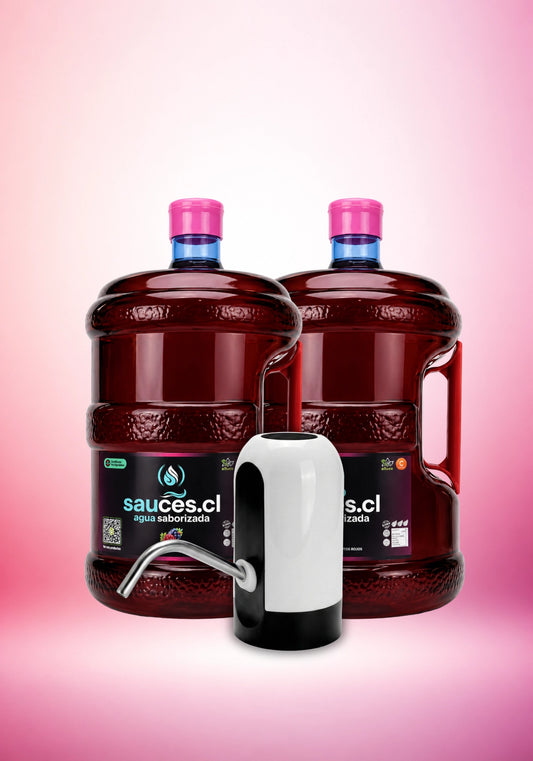 Pack completo de Sauces.cl: 2 bidones de 10 litros de agua saborizada sabor frutos rojos e incluye un dispensador eléctrico USB. Bebida premium con prebióticos, vitamina C y stevia.
