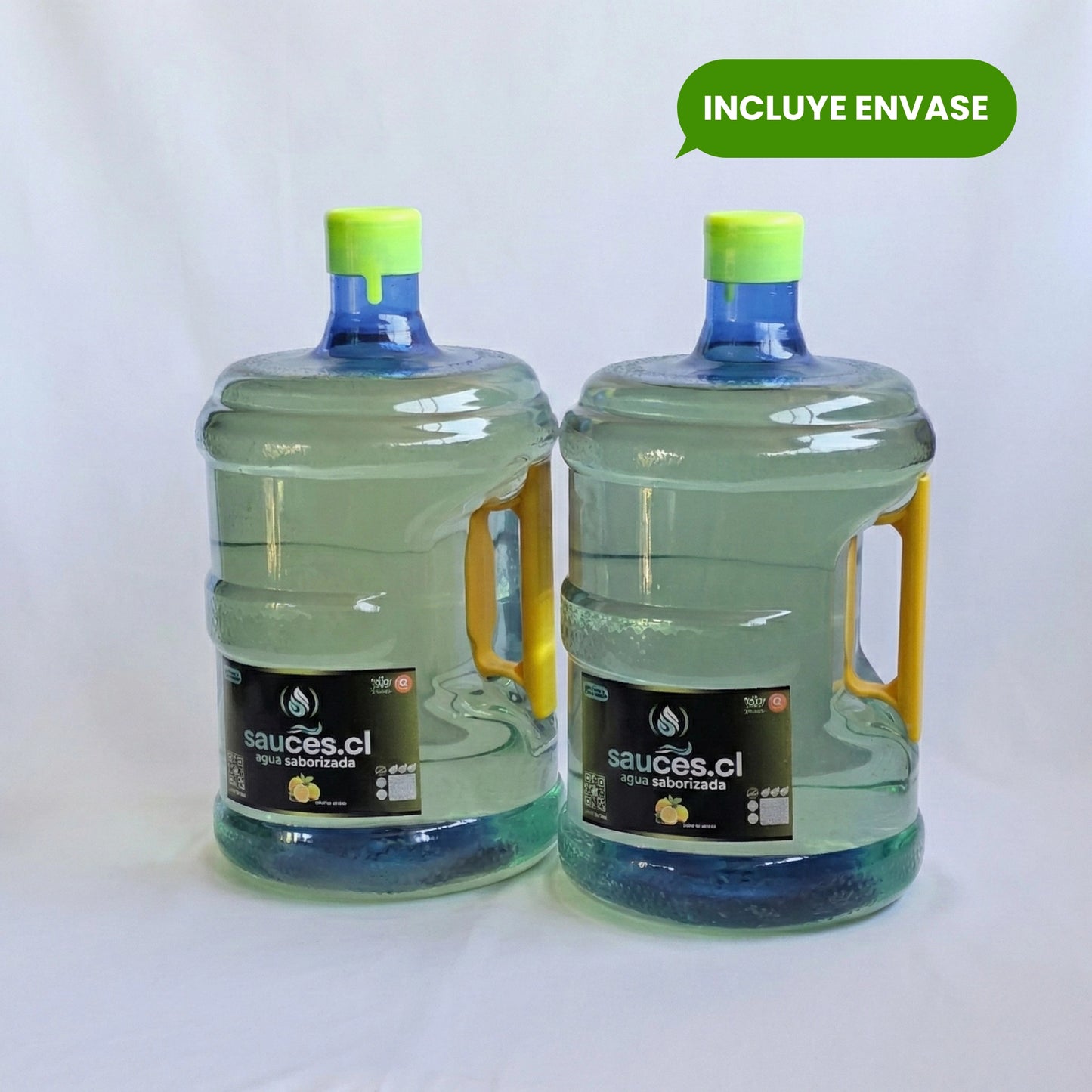 Pack inicial de 2 bidones de 10 litros de agua saborizada sabor menta limón de Sauces.cl. La promoción incluye los envases retornables. Bebida premium con prebióticos, vitamina C y stevia