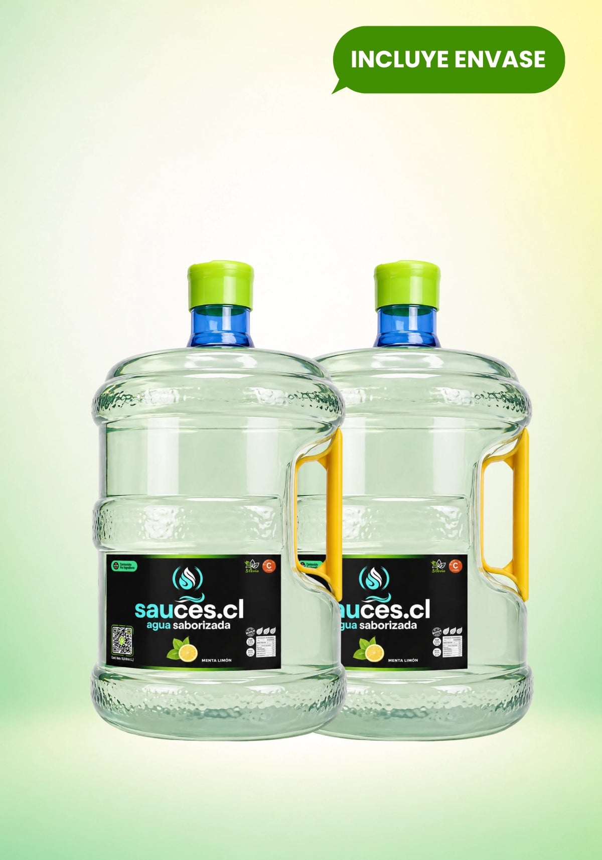 Pack inicial de 2 bidones de 10 litros de agua saborizada menta limon de Sauces.cl. La promoción incluye los envases retornables. Bebida premium con prebióticos, vitamina C y stevia.