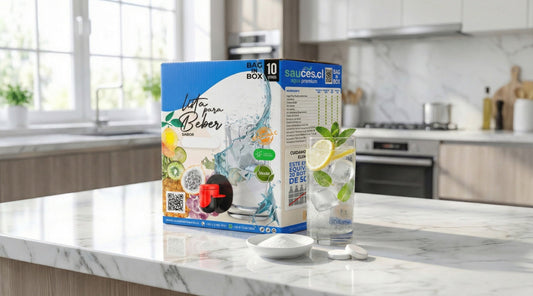Caja Bag in Box de 10 Litros de agua saborizada Sauces.cl con prebióticos y vitamina C en una cocina moderna.