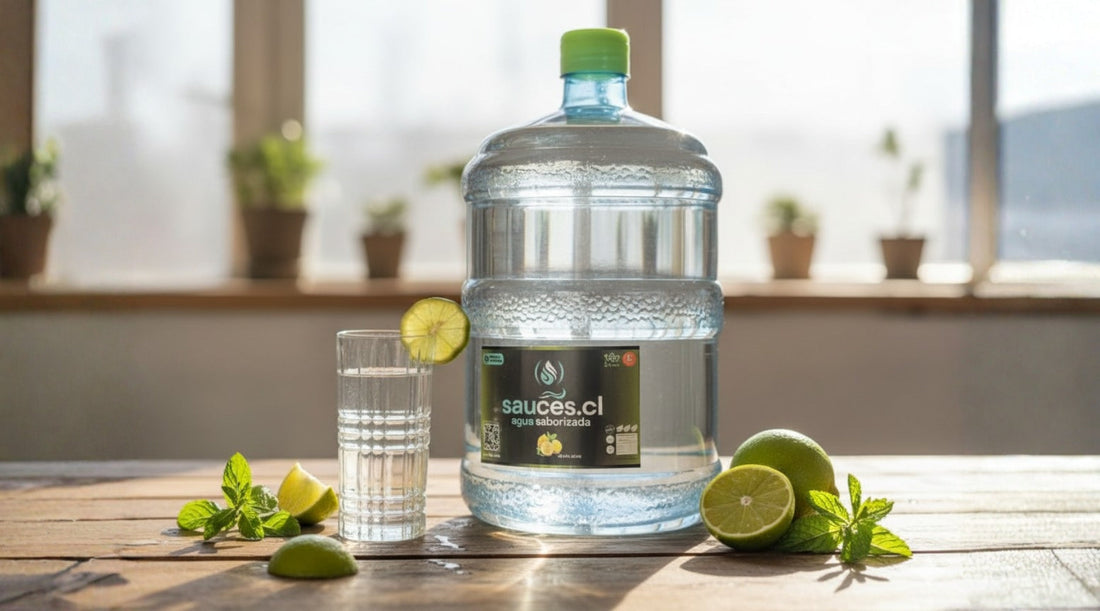 Vaso de agua saborizada Menta Limón de Sauces.cl con rodajas de fruta.