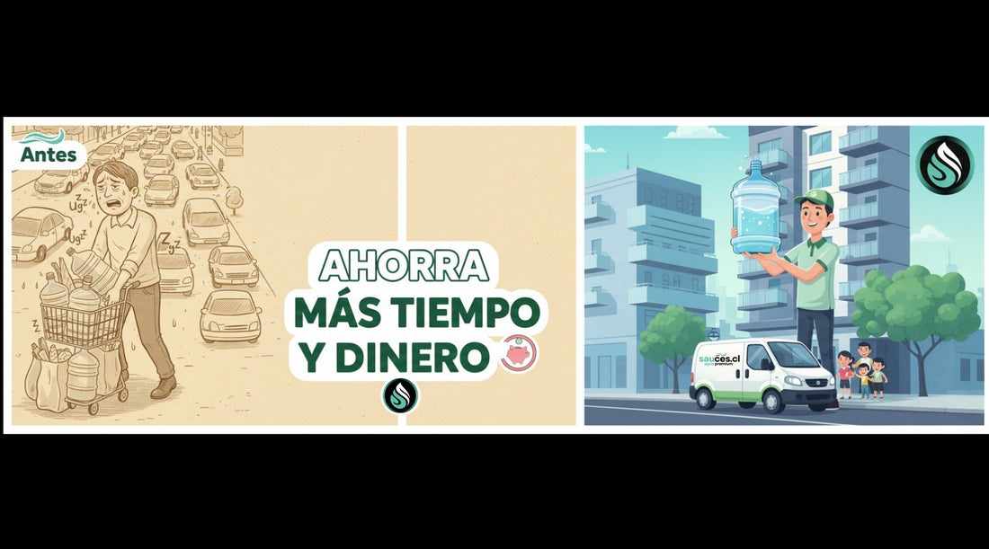 Infografía comparativa de ahorro entre comprar agua en el supermercado y pedir bidones a domicilio en Sauces.cl Santiago.