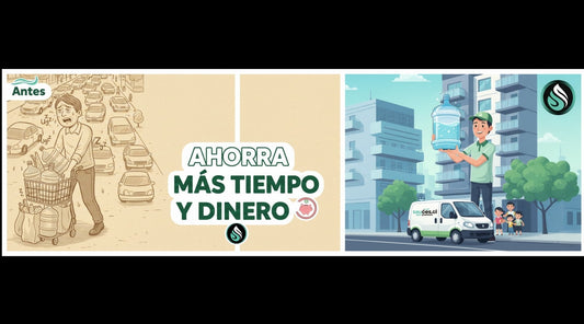 Infografía comparativa de ahorro entre comprar agua en el supermercado y pedir bidones a domicilio en Sauces.cl Santiago.