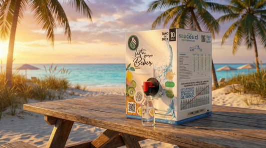 Caja dispensadora Bag-in-Box blanca de 10L de Sauces.cl en una cocina minimalista. Formato estético y sustentable que reemplaza botellas plásticas.