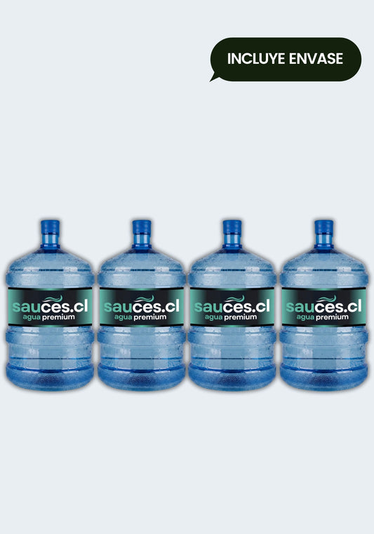 Pack 4 Bidones de Agua Purificada Premium Sauces 20L con envase incluido para oficinas y hogar