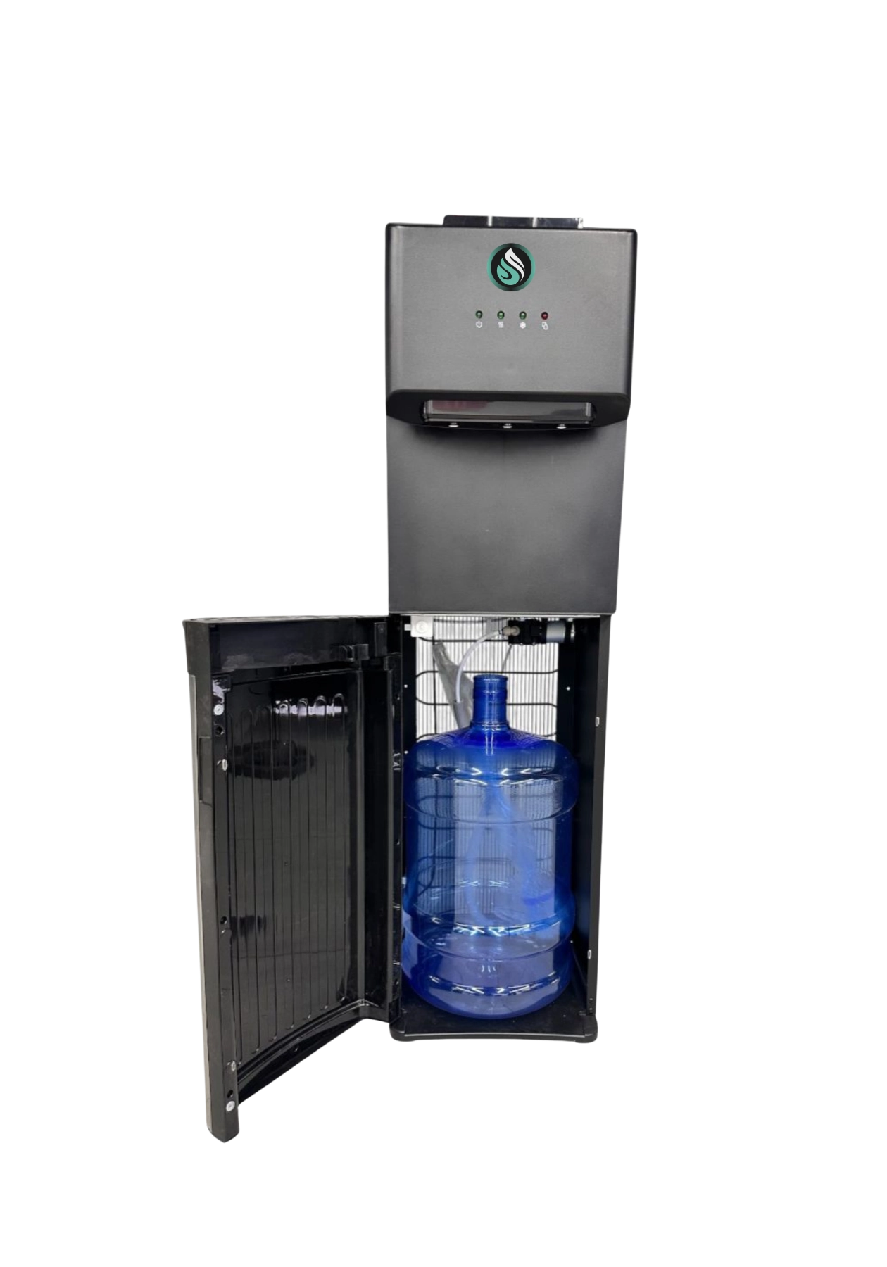 Dispensador de agua con compresor y bidón oculto Sauces.cl con el gabinete abierto mostrando el botellón dentro