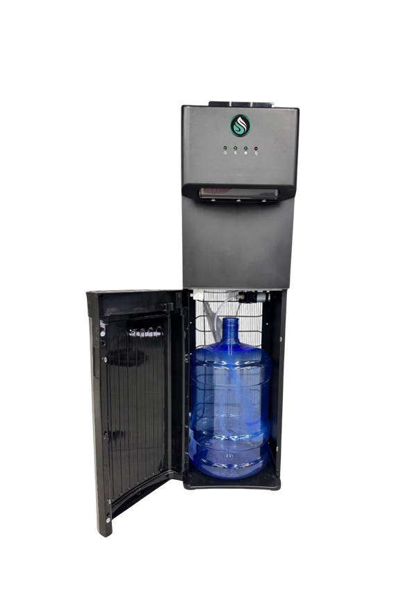 Dispensador de agua con compresor y bidón oculto Sauces.cl con el gabinete abierto mostrando el botellón dentro