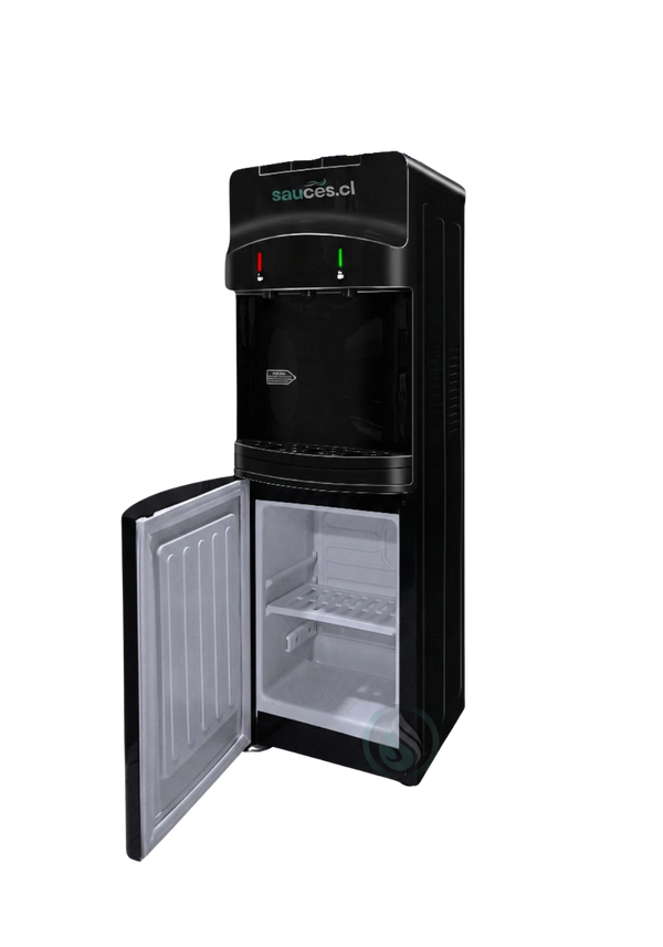 Dispensador de agua con compresor y frigobar CB-129F negro de 3 llaves con la puerta del frigobar abierta