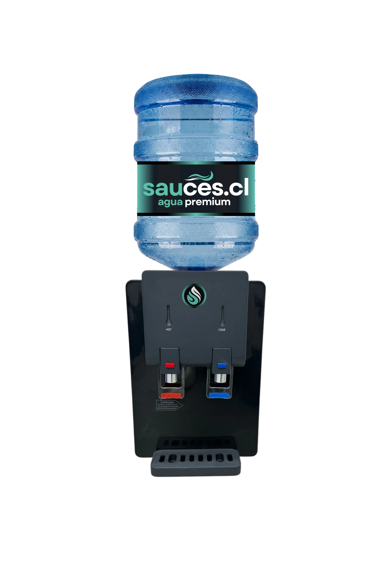 Dispensador de agua de sobremesa negro con botellón Sauces.cl instalado