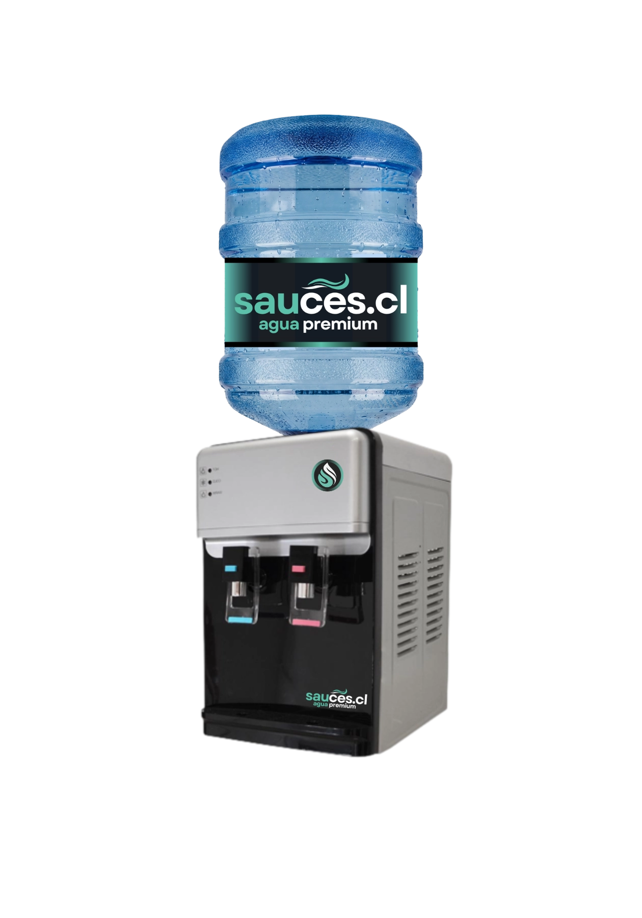 Dispensador de sobremesa TB-07 gris con botellón Sauces.cl instalado