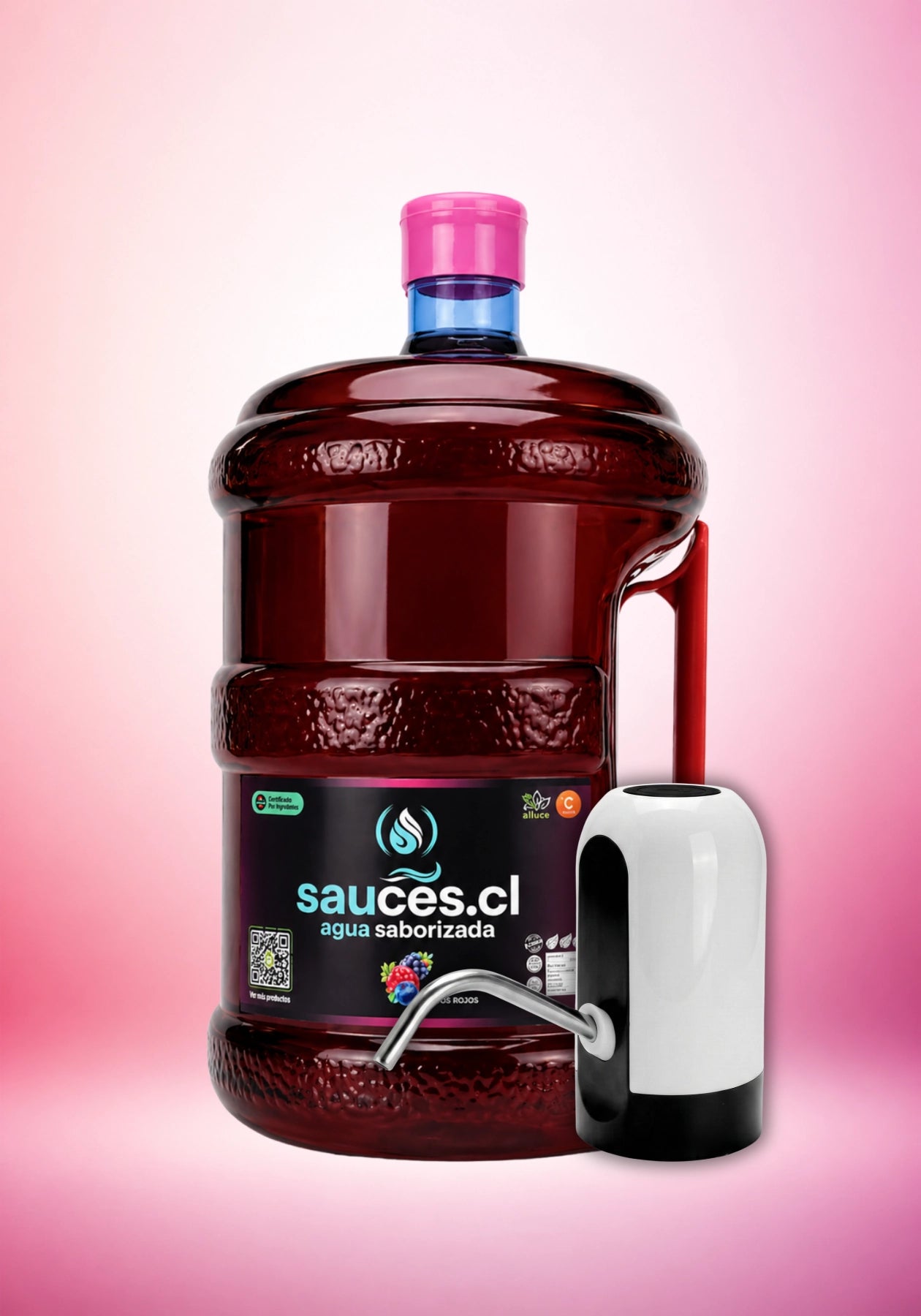 Pack de Sauces.cl que incluye 1 bidón de 10 litros de agua saborizada sabor frutos rojos con un dispensador eléctrico USB negro instalado. Bebida premium con prebióticos, vitamina C y stevia.