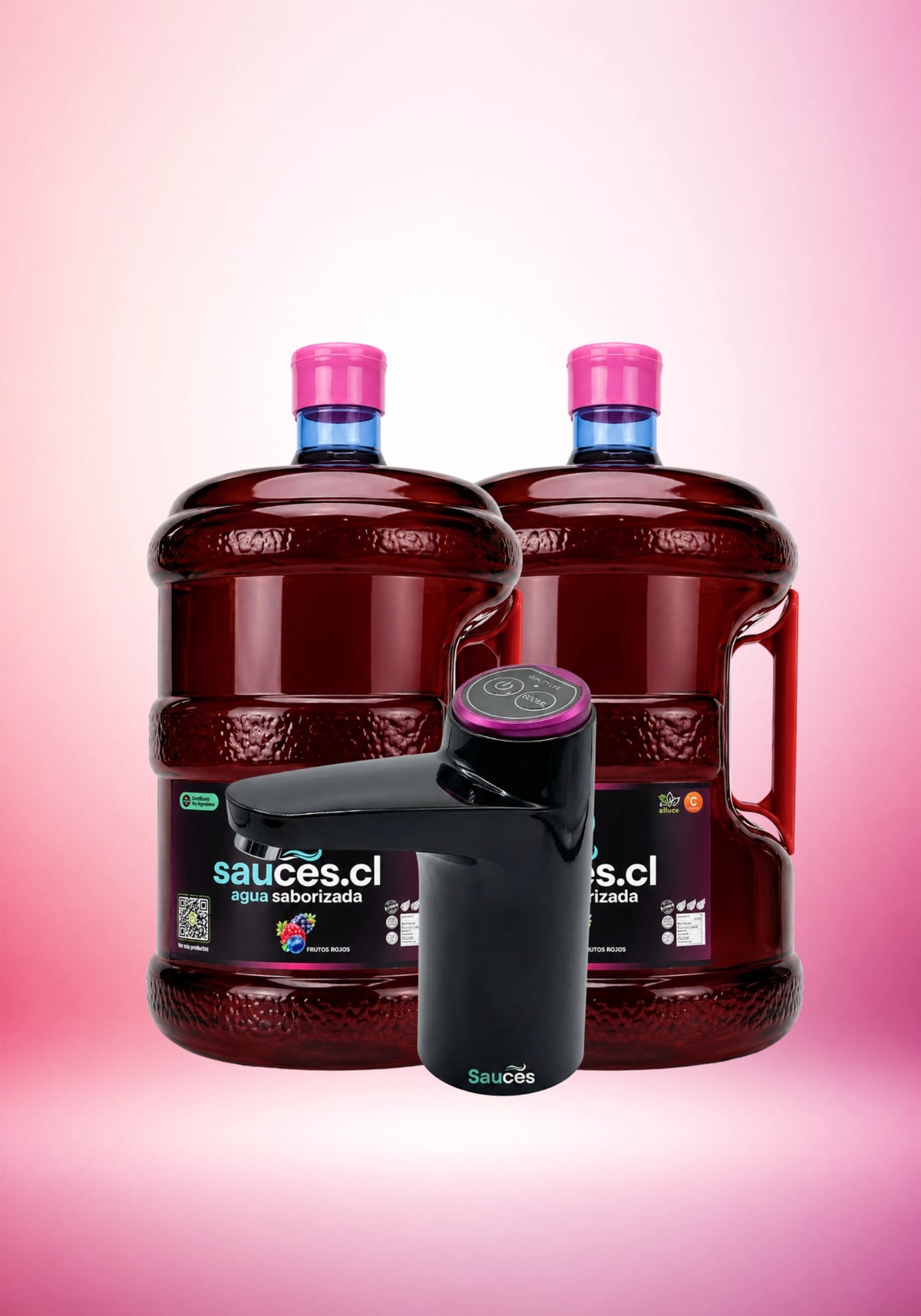 Pack Premium: 2 Bidones Agua Saborizada Frutos Rojos (10L c/u) + Dispensador USB Pro