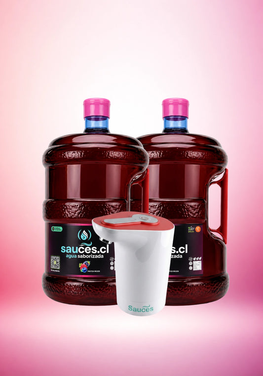 Pack Premium: 2 Bidones Agua Saborizada Frutos Rojos (10L c/u) + Dispensador USB Pro (Edición Rojo/Azul)