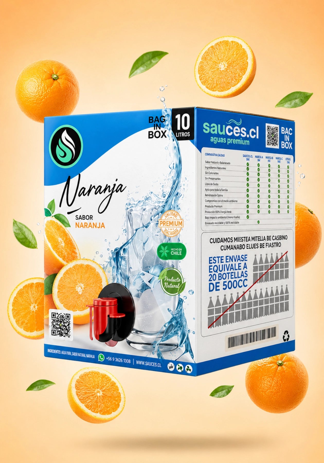 Agua saborizada Naranja Sauces Hydra-Boost en formato Bag in Box 10 litros