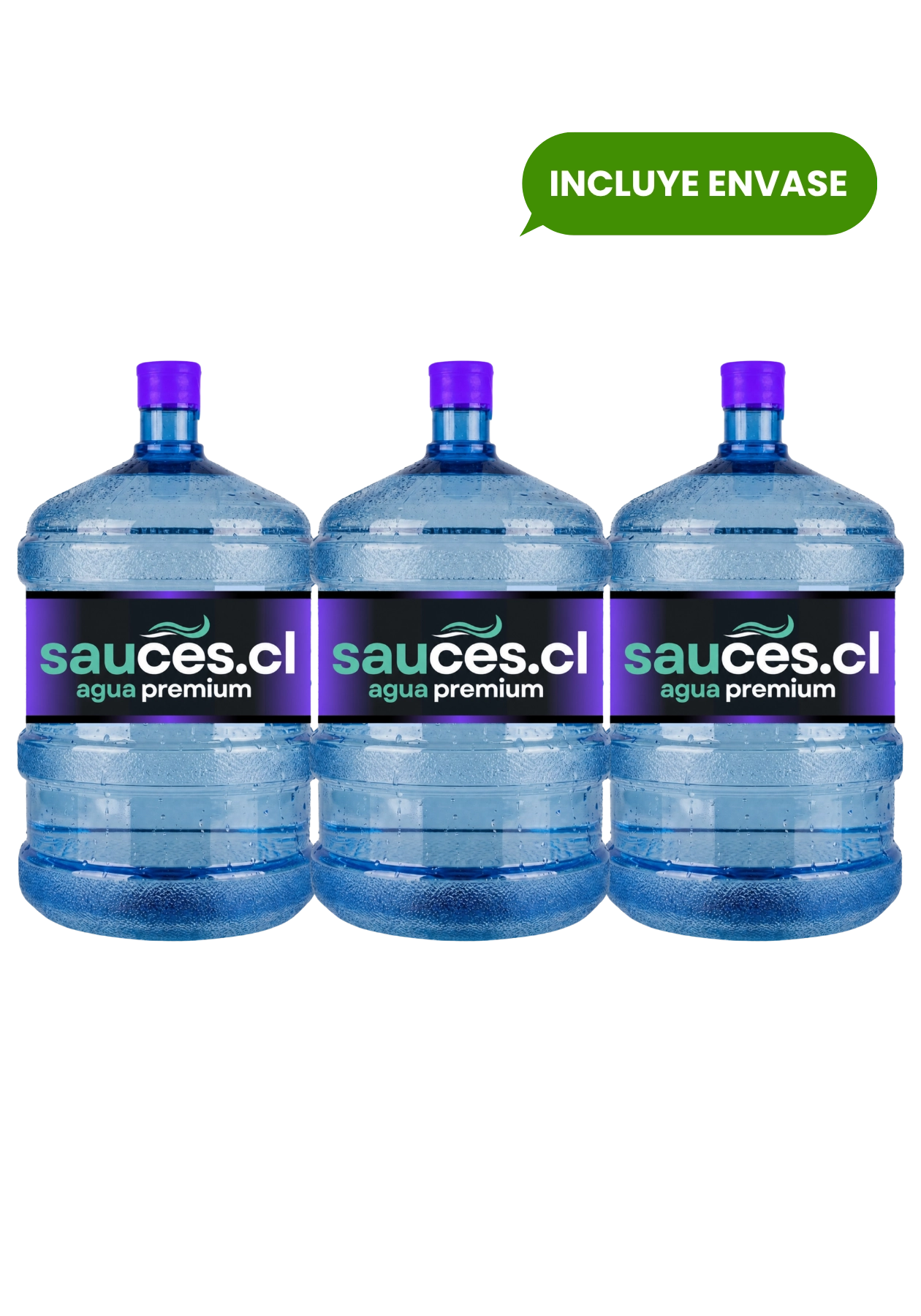 Tres bidones nuevos de agua alcalina de 20 litros de Sauces con despacho a domicilio en Santiago