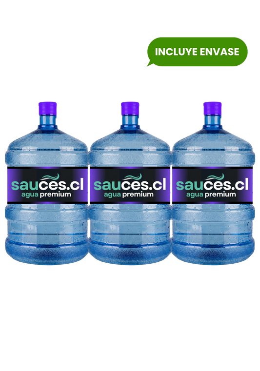 Tres bidones nuevos de agua alcalina de 20 litros de Sauces con despacho a domicilio en Santiago