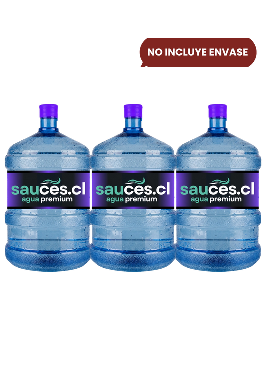 Tres bidones de agua alcalina de 20 litros de Sauces para servicio de recarga a domicilio en Santiago