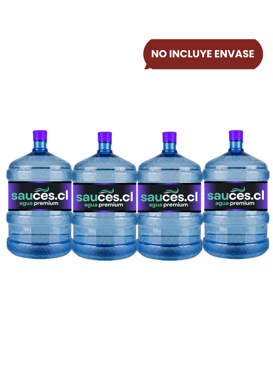 Cuatro bidones de agua alcalina de 20 litros de Sauces para servicio de recarga a domicilio en Santiago