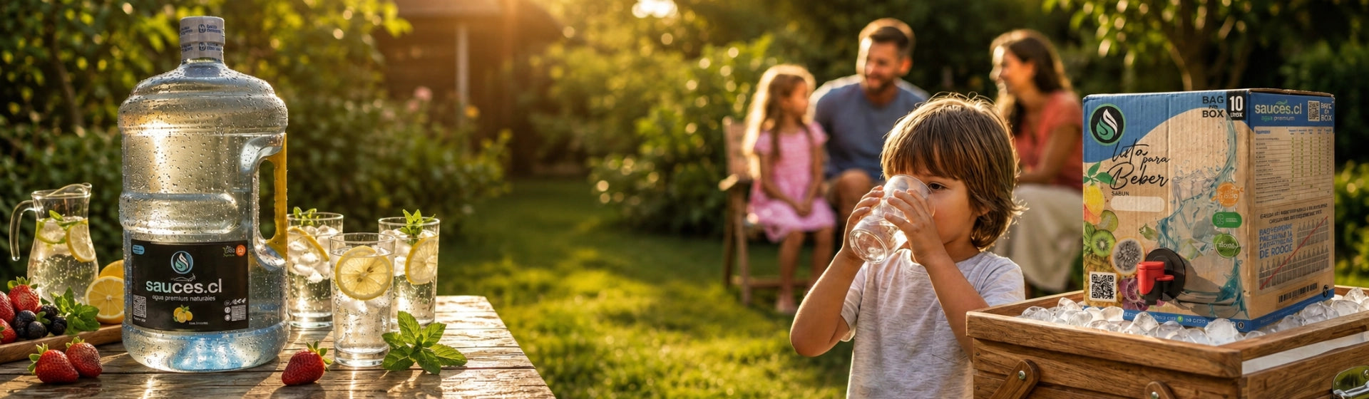 Familia disfrutando agua saborizada Sauces con bidón y Bag in Box en jardín