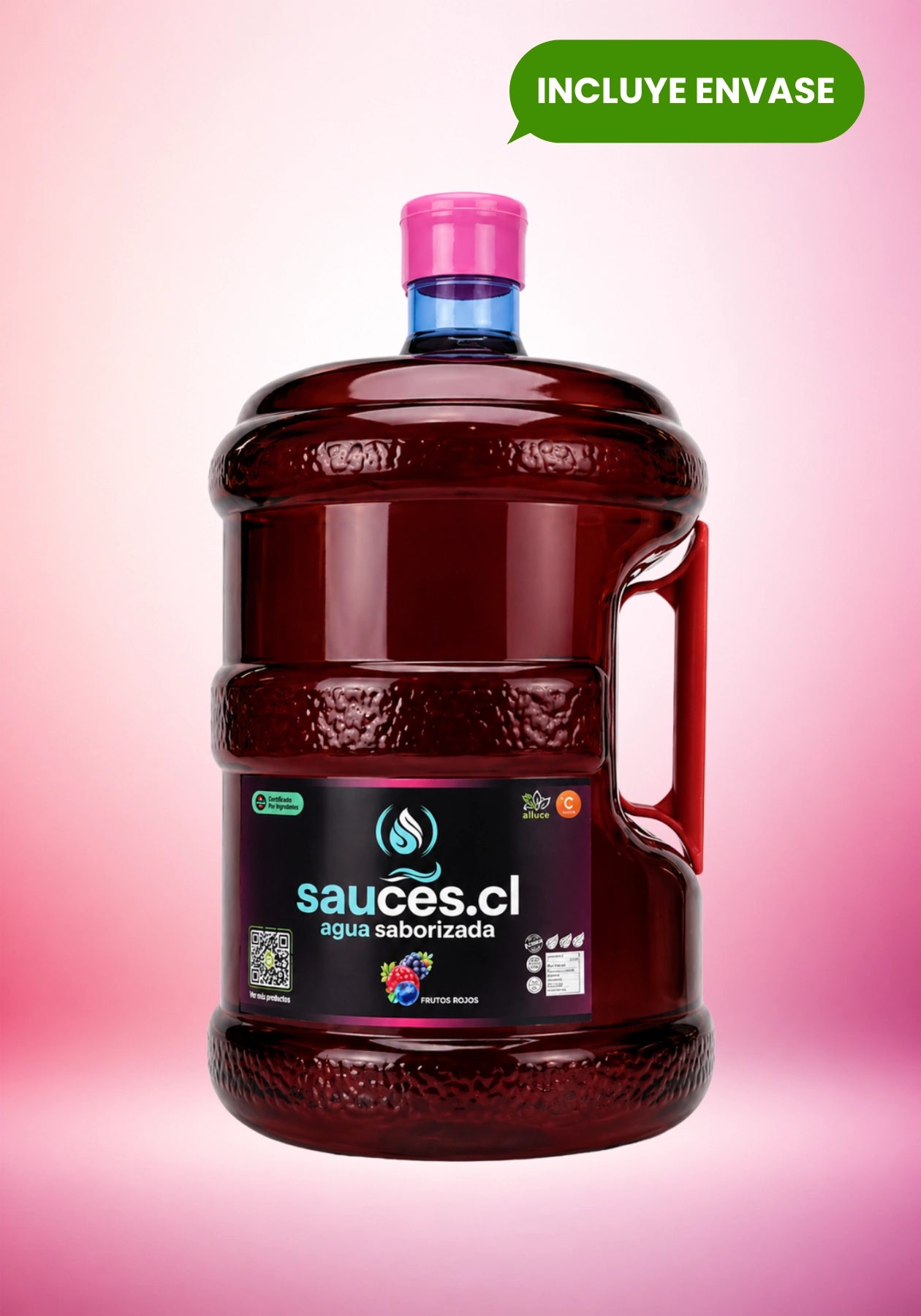 Bidón de 10 litros de agua saborizada sabor frutos rojos de Sauces.cl. Bebida premium enriquecida con prebióticos, vitamina C y endulzada con stevia.