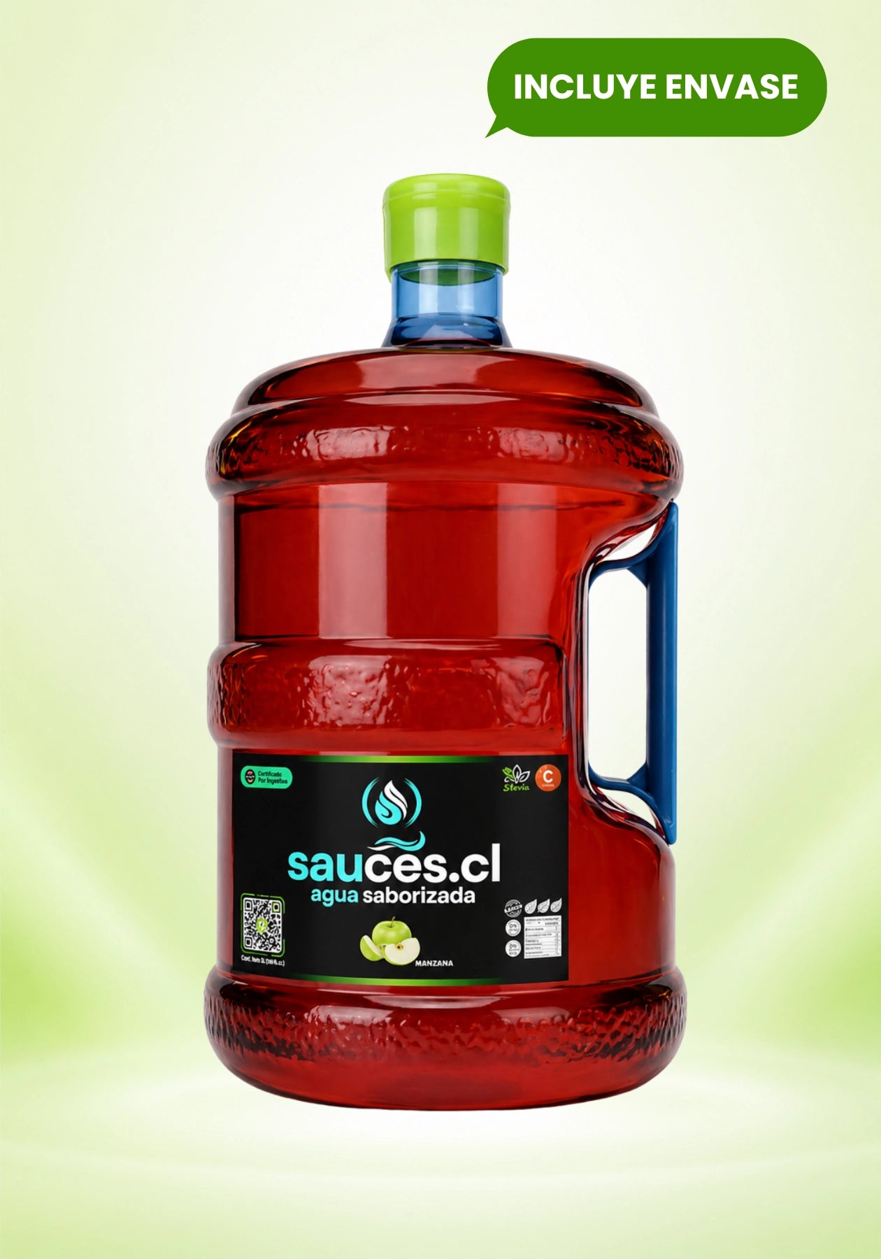 Bidón de 10 litros de agua saborizada sabor manzana de Sauces.cl. Bebida premium enriquecida con prebióticos, vitamina C y endulzada con stevia.