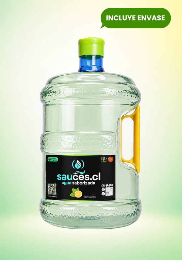 Bidón de 10 litros de agua saborizada sabor menta limón de Sauces.cl. Refrescante bebida premium enriquecida con prebióticos, vitamina C y endulzada con stevia.
