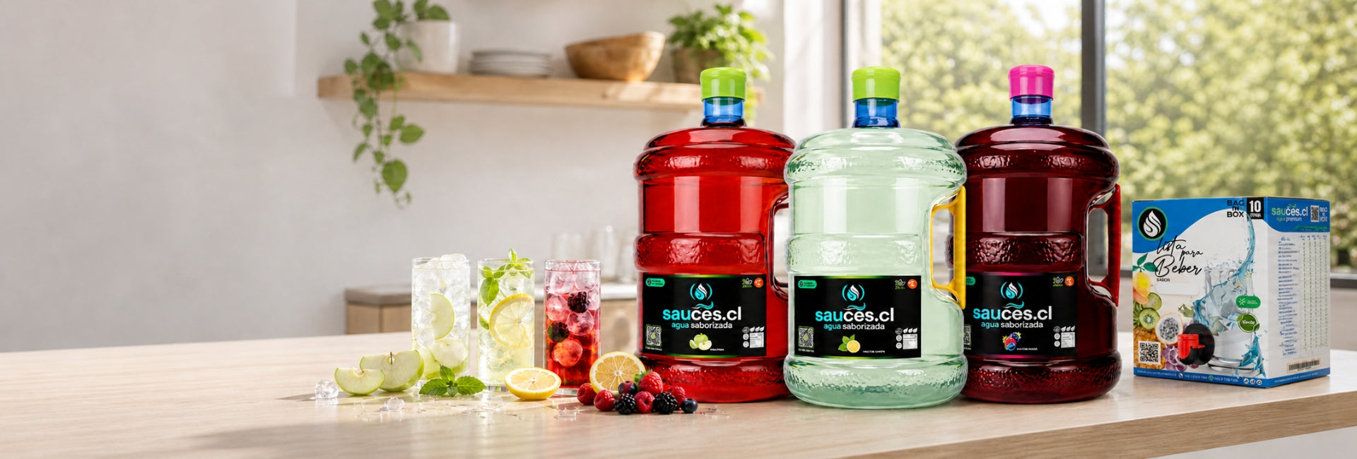 Banner principal de Agua Saborizada Sauces.cl con bidones de 10 litros y formato Bag in Box en sabores naturales