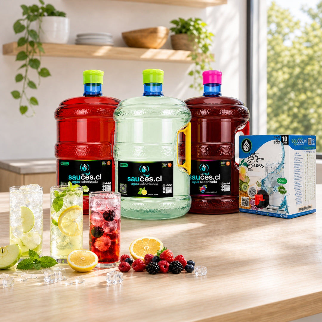 Bidones de Agua Saborizada Sauces.cl de 10 litros junto a Bag in Box con sabores naturales para delivery en Santiago