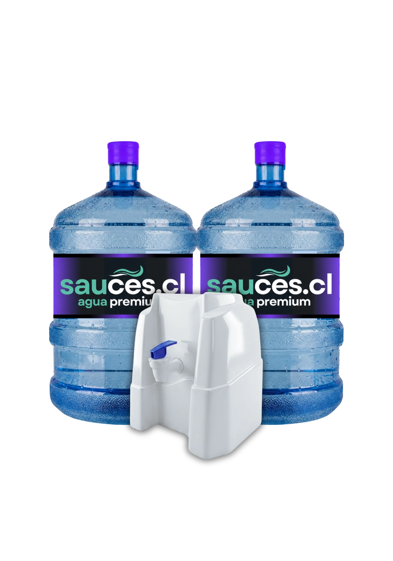 Dispensador natural sin electricidad junto a dos bidones de agua alcalina de 20 litros de Sauces