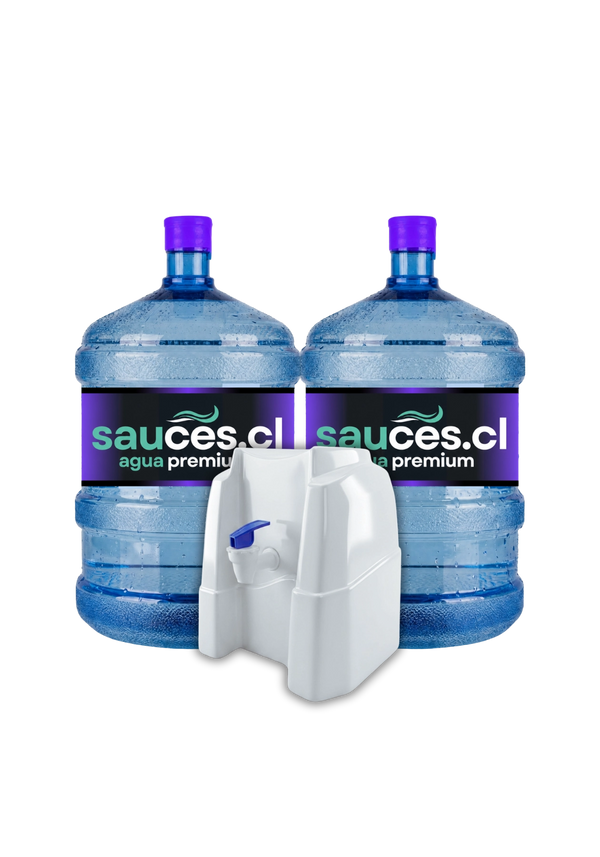 Dispensador natural sin electricidad junto a dos bidones de agua alcalina de 20 litros de Sauces