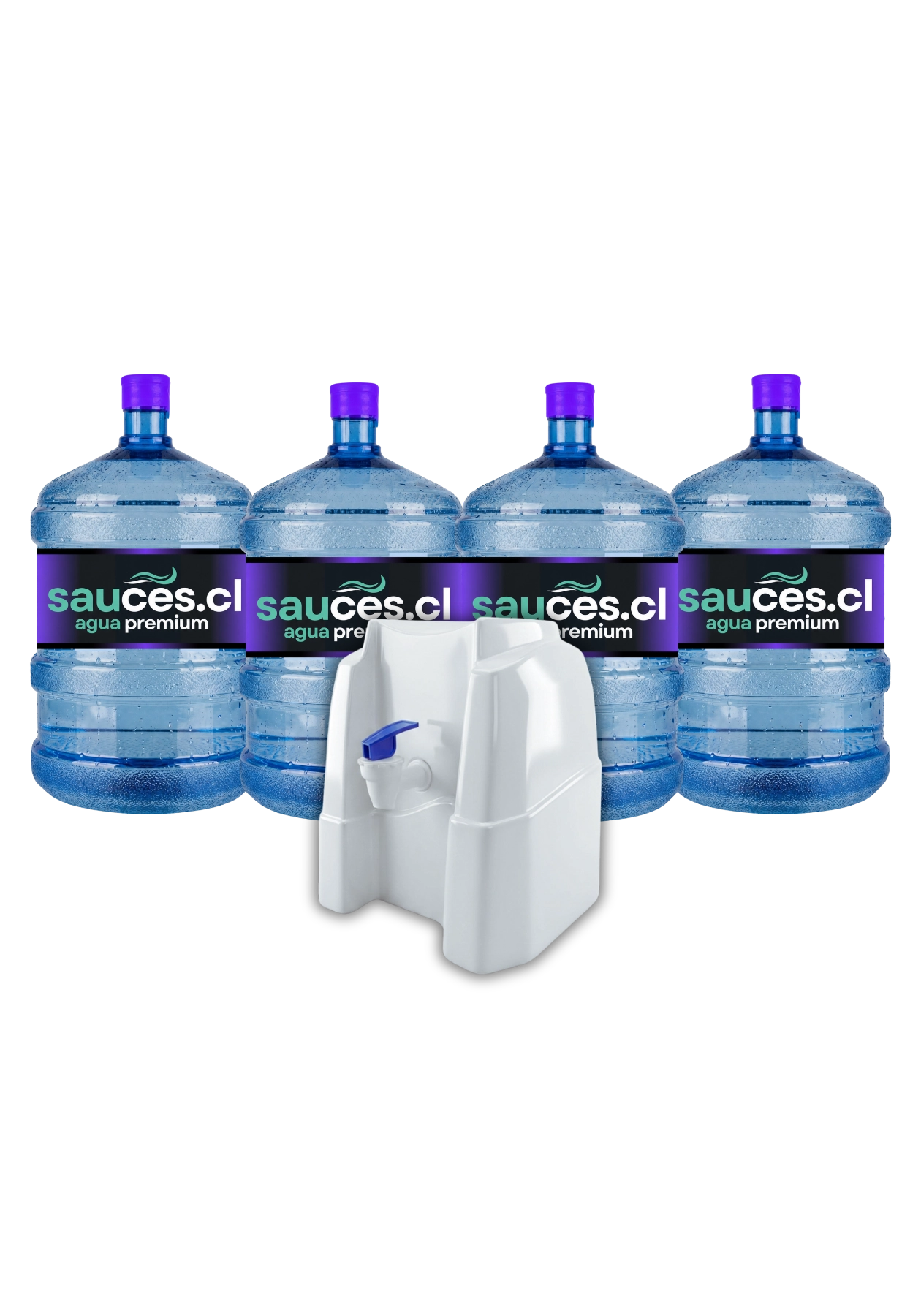 Dispensador natural sin electricidad junto a cuatro bidones de agua alcalina de 20 litros de Sauces