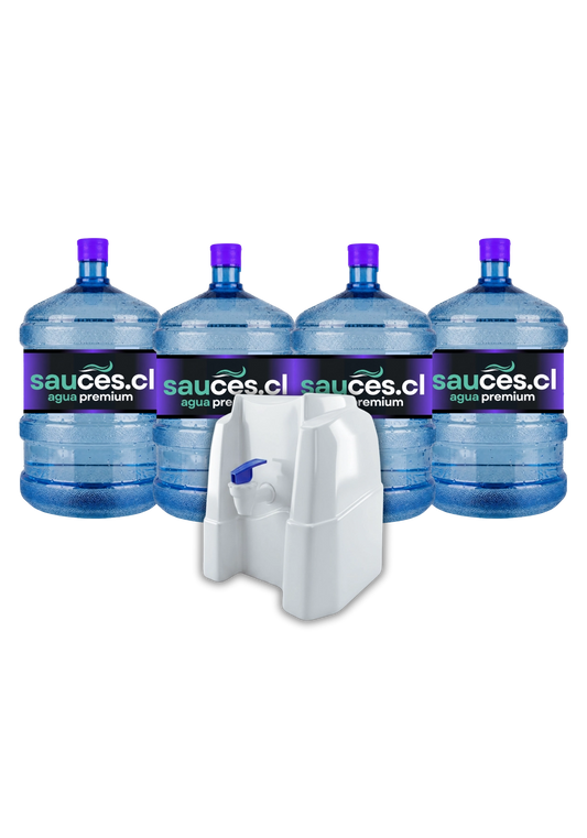 Dispensador natural sin electricidad junto a cuatro bidones de agua alcalina de 20 litros de Sauces