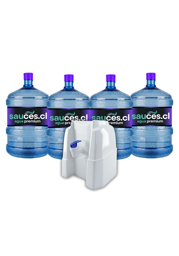 Dispensador natural sin electricidad junto a cuatro bidones de agua alcalina de 20 litros de Sauces