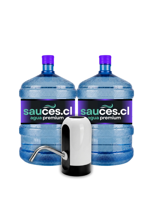 Dispensador USB eléctrico junto a dos bidones de agua alcalina de 20 litros de Sauces