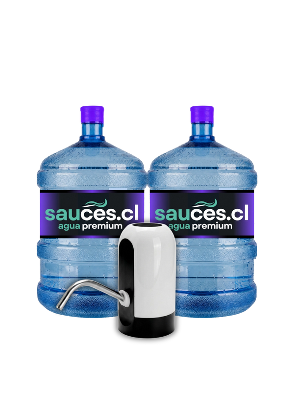 Dispensador USB eléctrico junto a dos bidones de agua alcalina de 20 litros de Sauces