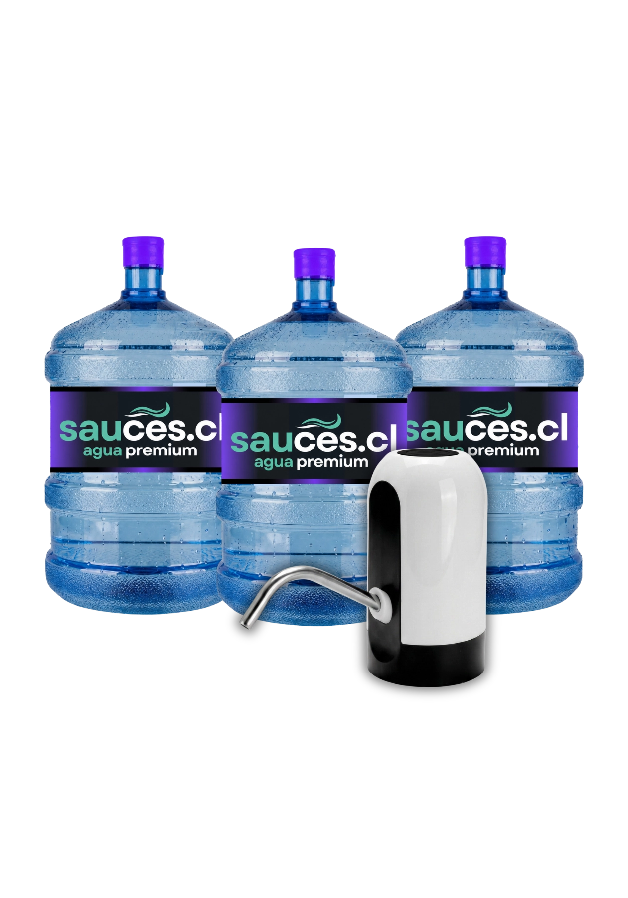 Dispensador USB eléctrico junto a tres bidones de agua alcalina de 20 litros de Sauces