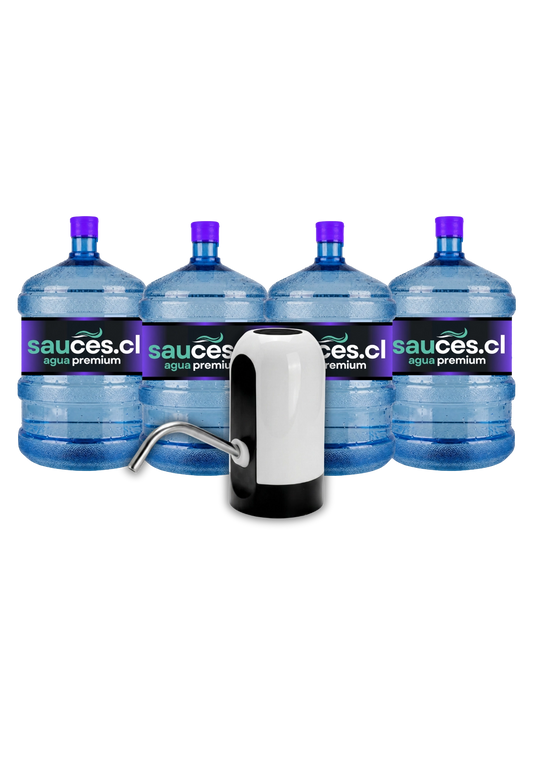 Dispensador USB eléctrico junto a cuatro bidones de agua alcalina de 20 litros de Sauces
