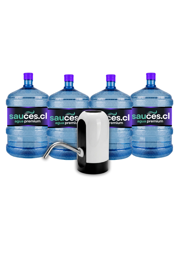 Dispensador USB eléctrico junto a cuatro bidones de agua alcalina de 20 litros de Sauces