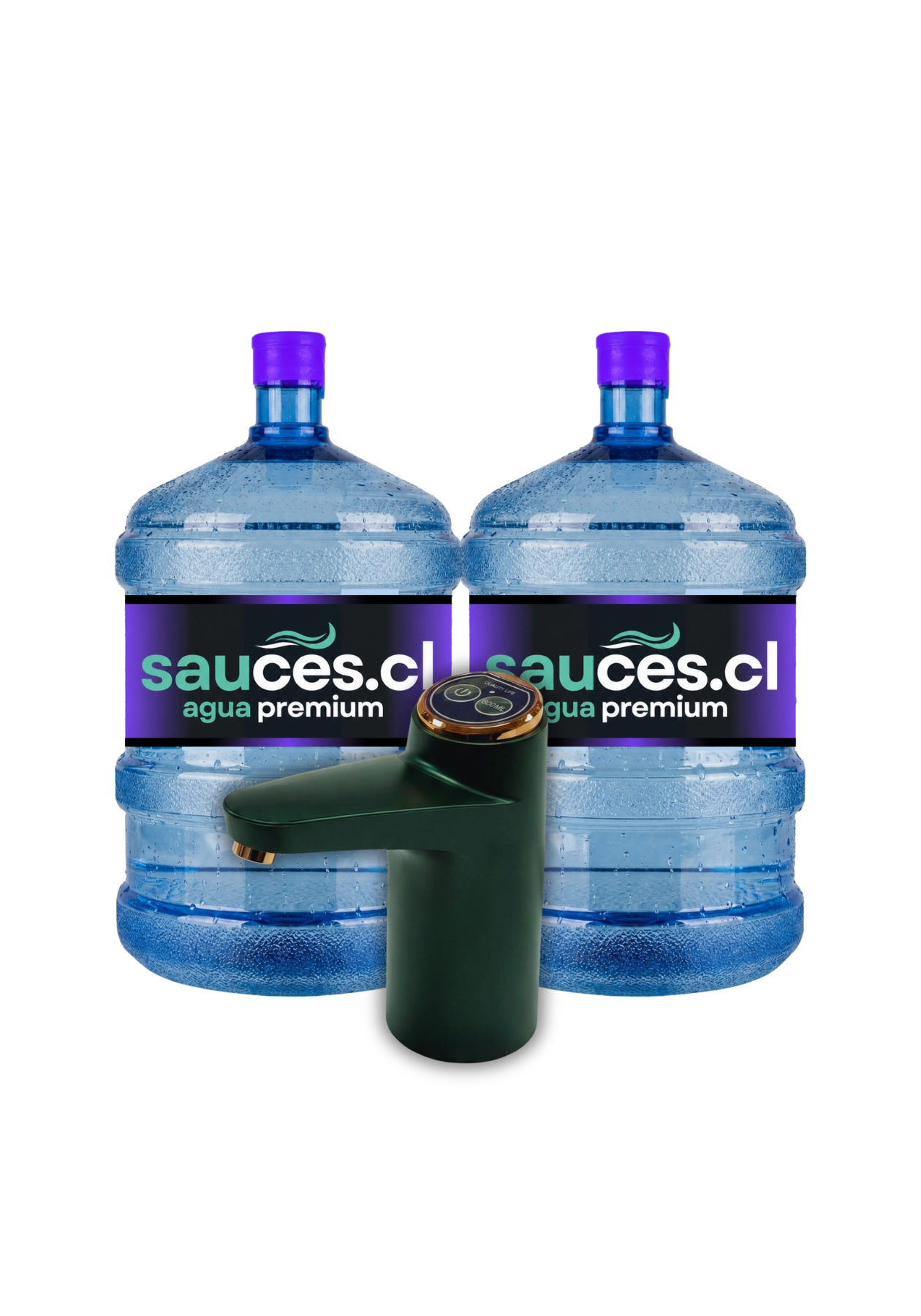 Dispensador USB PRO eléctrico junto a dos bidones de agua alcalina de 20 litros de Sauces