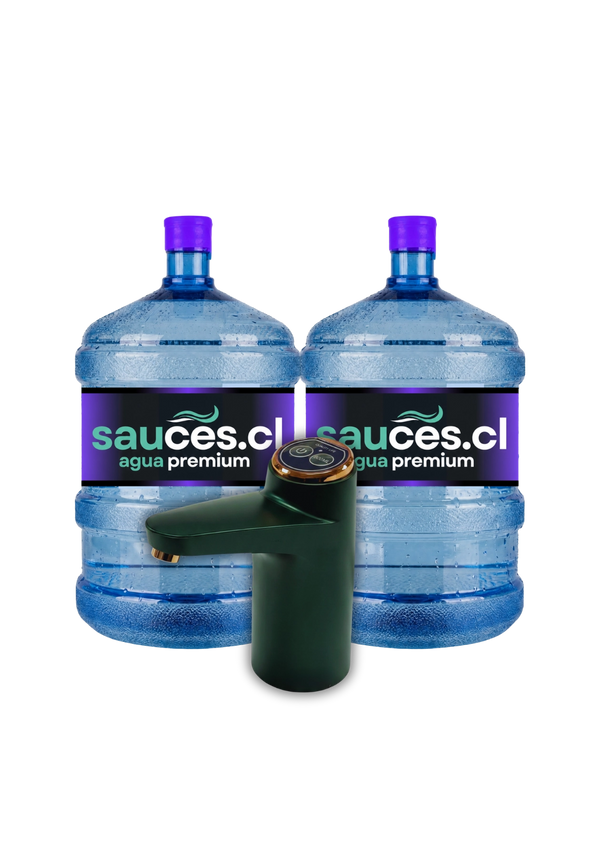 Dispensador USB PRO eléctrico junto a dos bidones de agua alcalina de 20 litros de Sauces