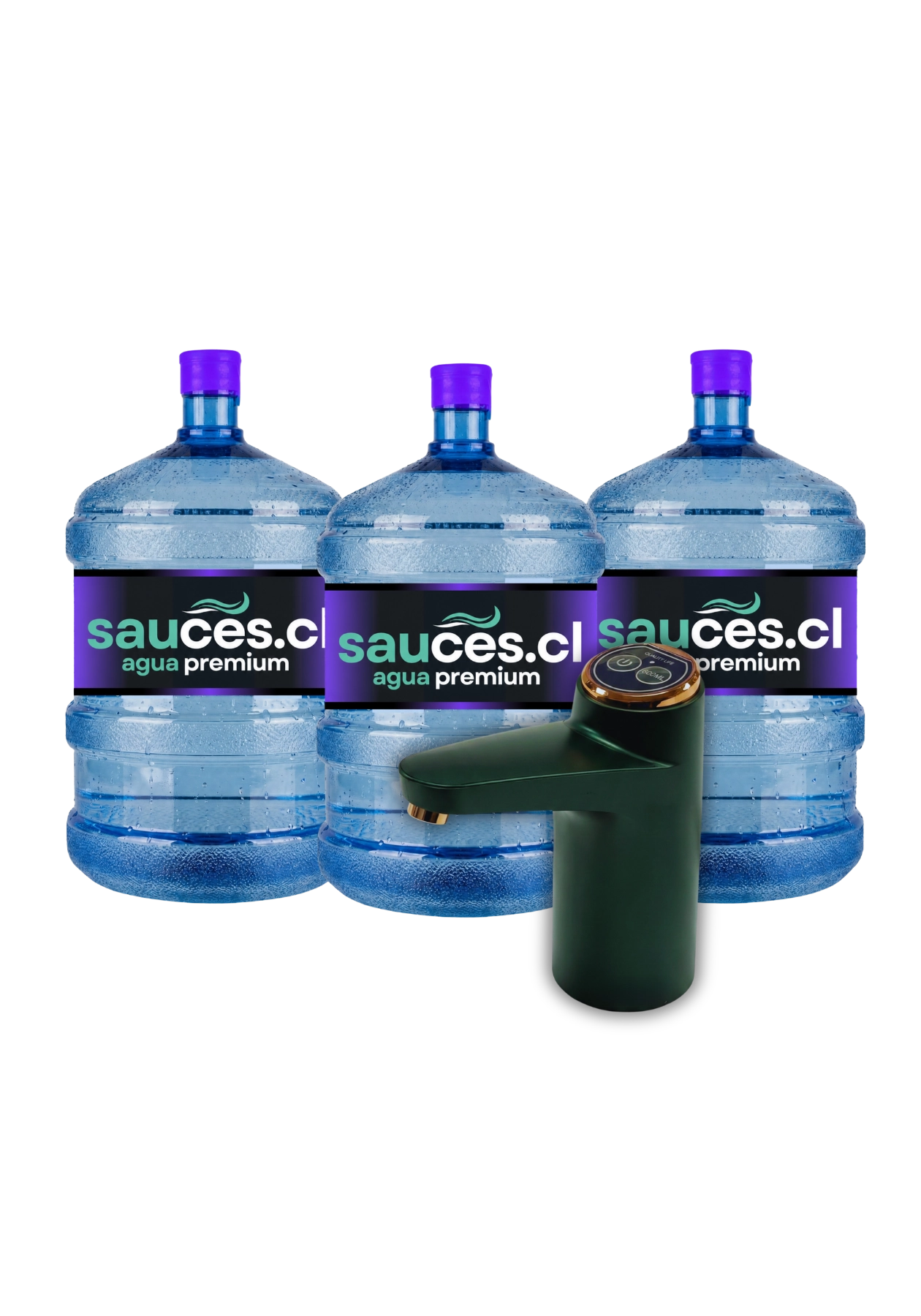 Dispensador USB PRO eléctrico junto a tres bidones de agua alcalina de 20 litros de Sauces