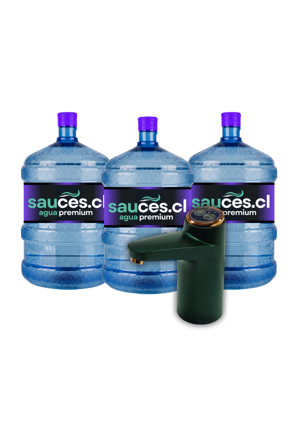 Dispensador USB PRO eléctrico junto a tres bidones de agua alcalina de 20 litros de Sauces
