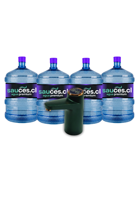 Dispensador USB PRO eléctrico junto a cuatro bidones de agua alcalina de 20 litros de Sauces